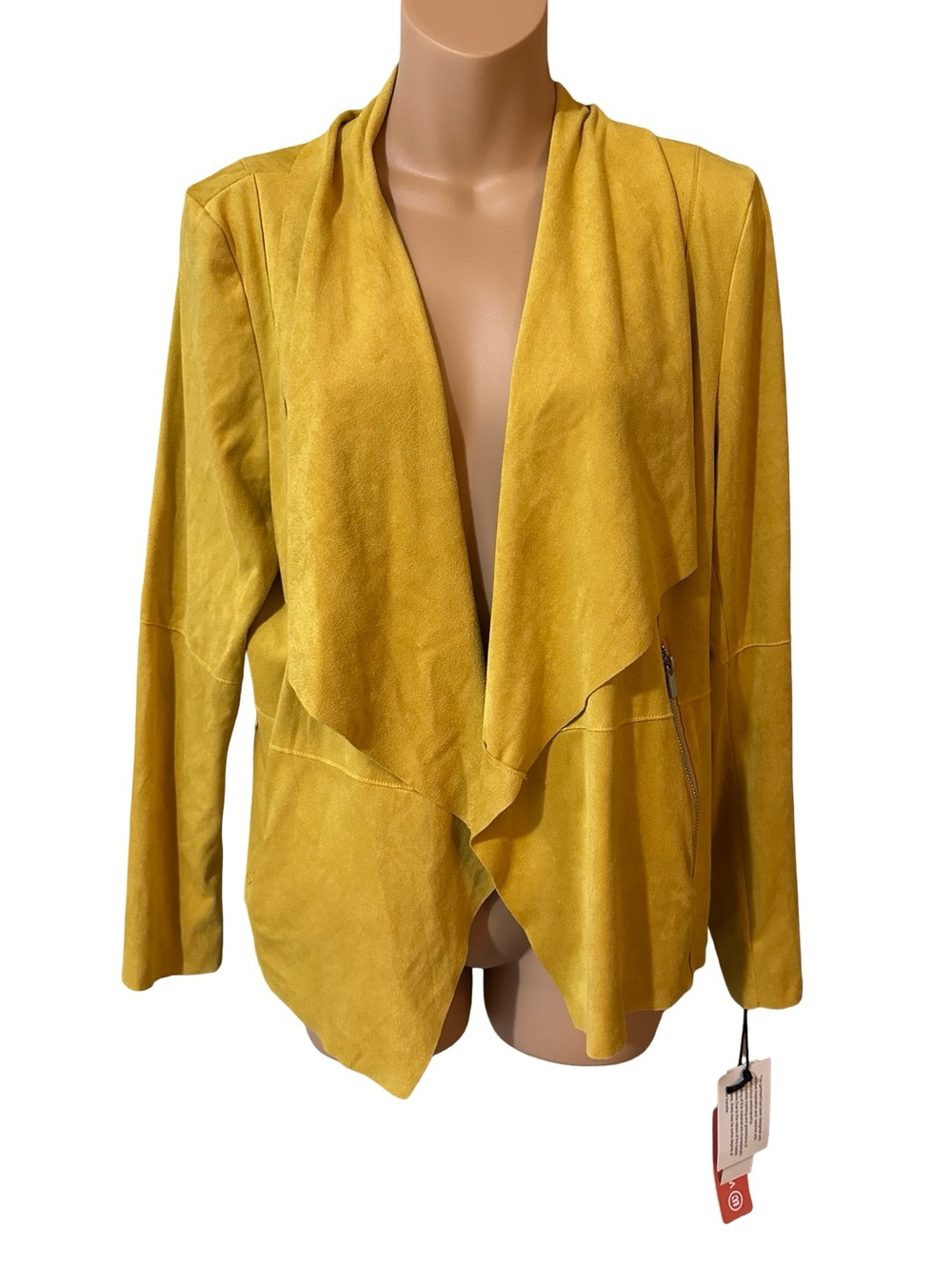 bagatelle Faux Suede Mustard Draped Open-Front Blazer Buisness Chic Office Wear